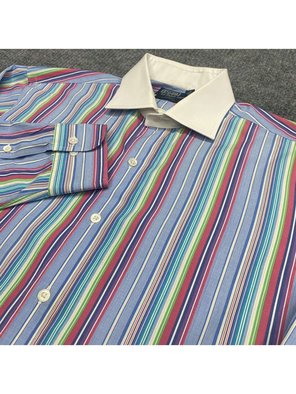 VTG Polo Ralph Lauren Button Shirt Mens L 16.5 Regent Custom Fit Rainbow Striped